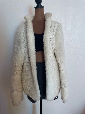 Vintage Le Sweater Hand Knit Shaggy Cream Cardigan Jacket 80s